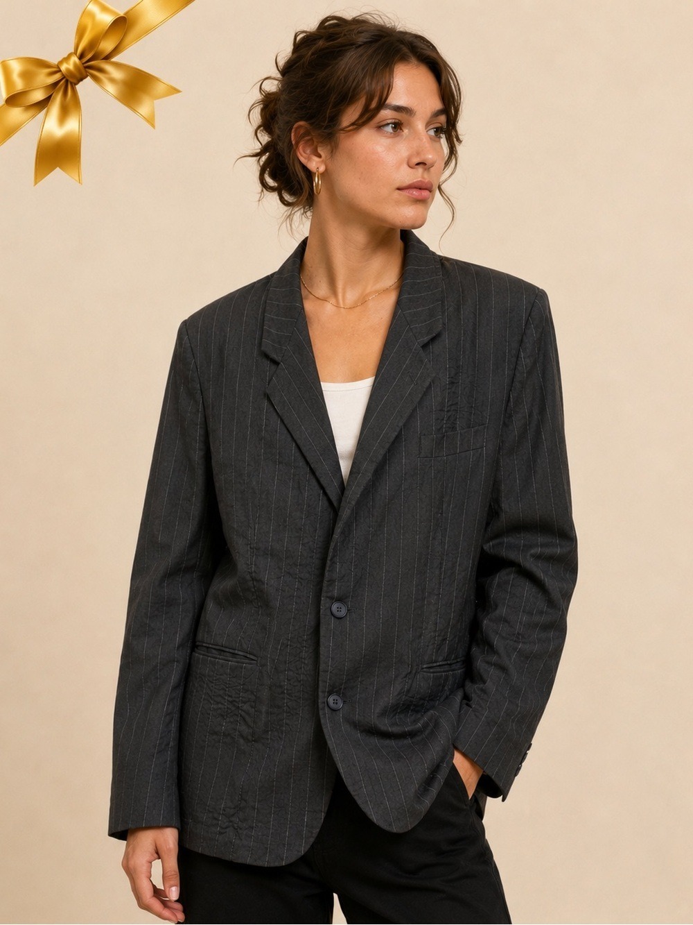 Vintage Profilo Black Pinstripe Tailored Blazer Jacket 40R Unisex